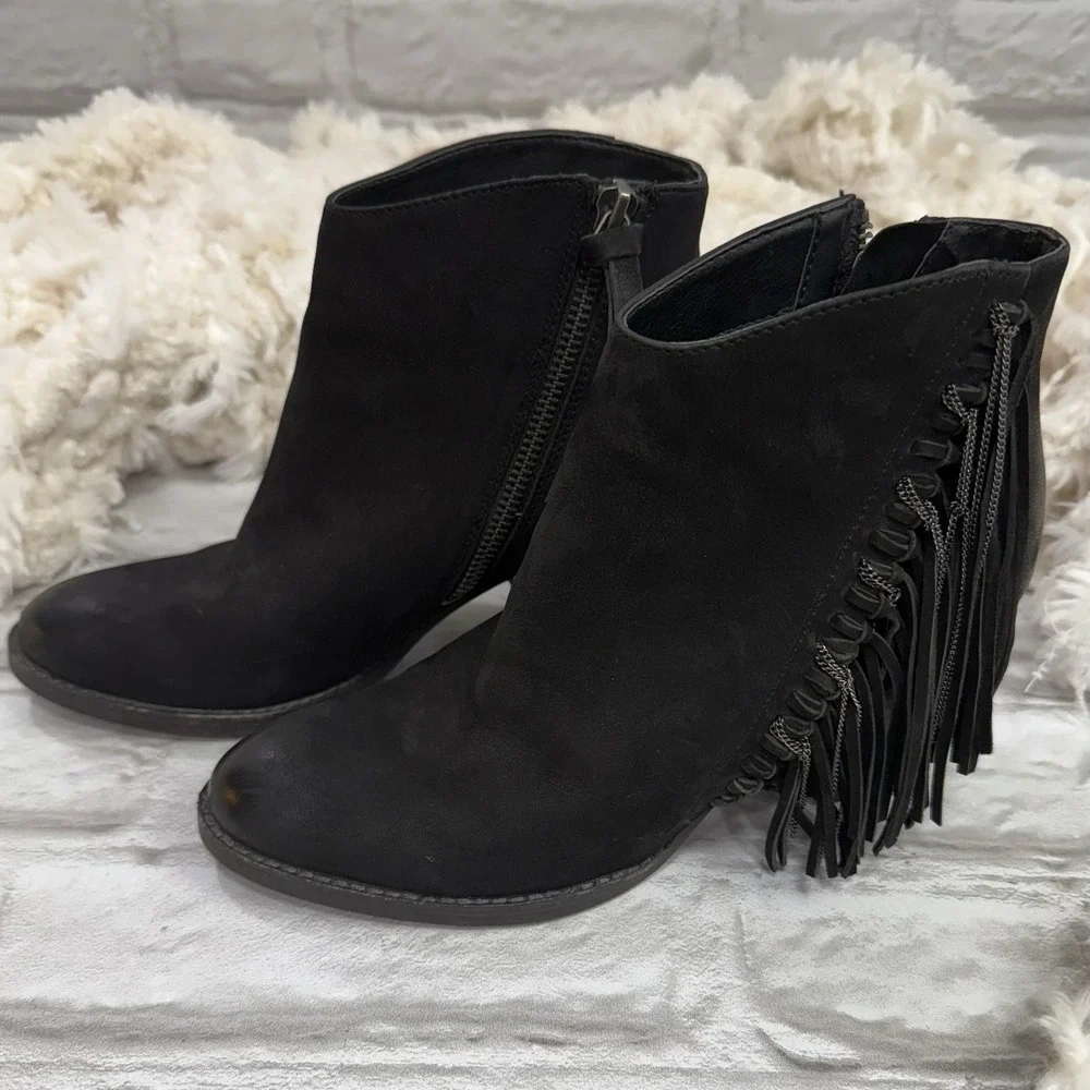 Dolce‎ Vita Ankle Bootie Black Leather Fringe Western Mini Boots Woman's Size 6